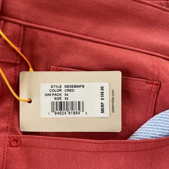 Peter Millar MenPerformance Pants 32x34 CRED‎ Coral Red Slim Fit NWT Golf